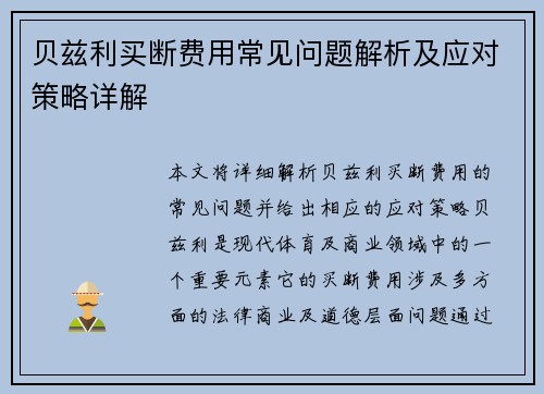 贝兹利买断费用常见问题解析及应对策略详解 贝兹利买断费用常见问题解析及应对策略详解